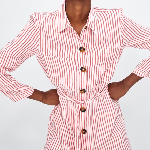 Zara | Red White Stripe Linen Tunic Belted Dress S - Picture 6 of 10